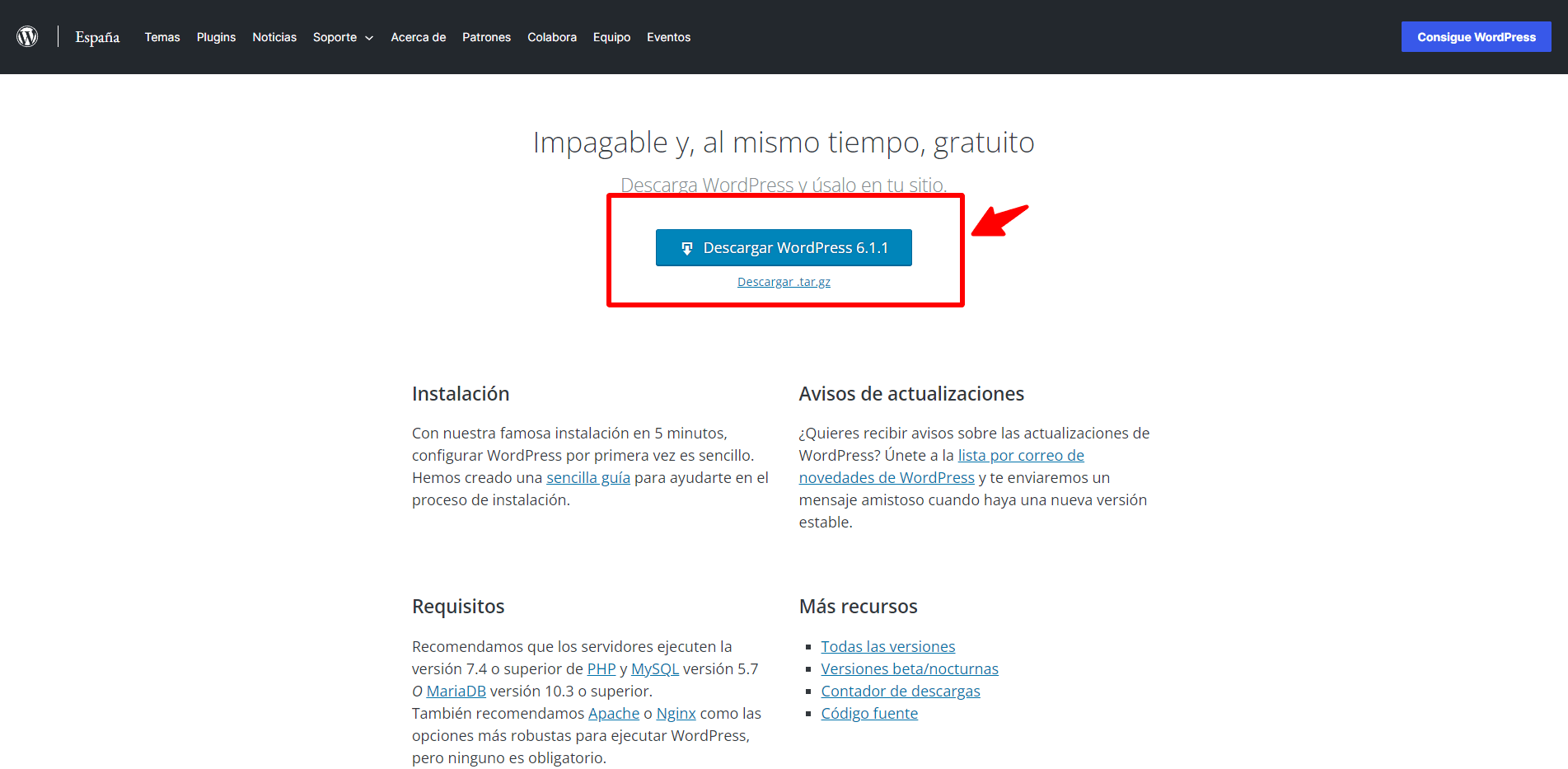 Descargar version reciente de WordPress