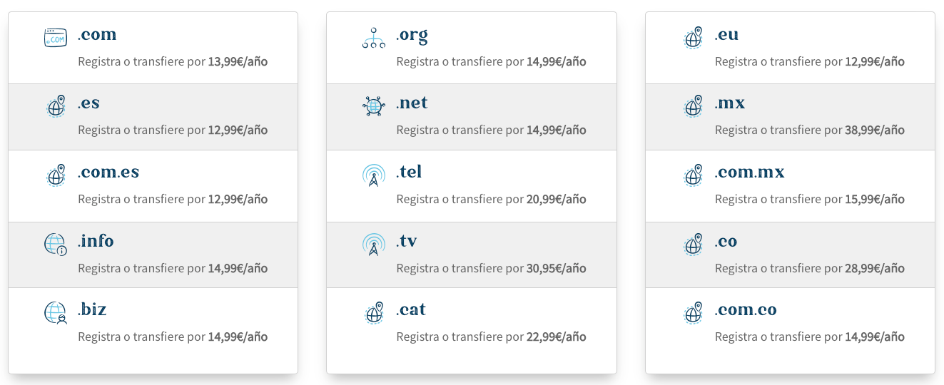 Precio de dominios Webempresa