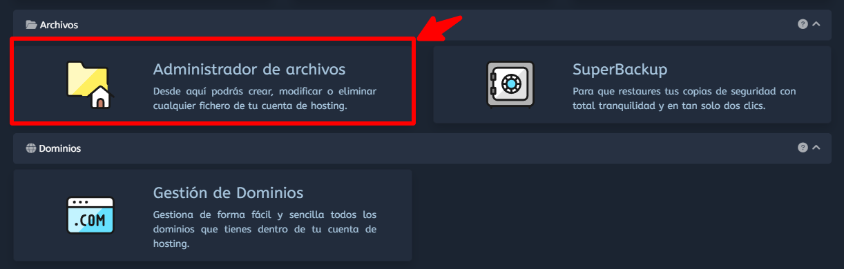 Administrador de archivos cPanel webempresa