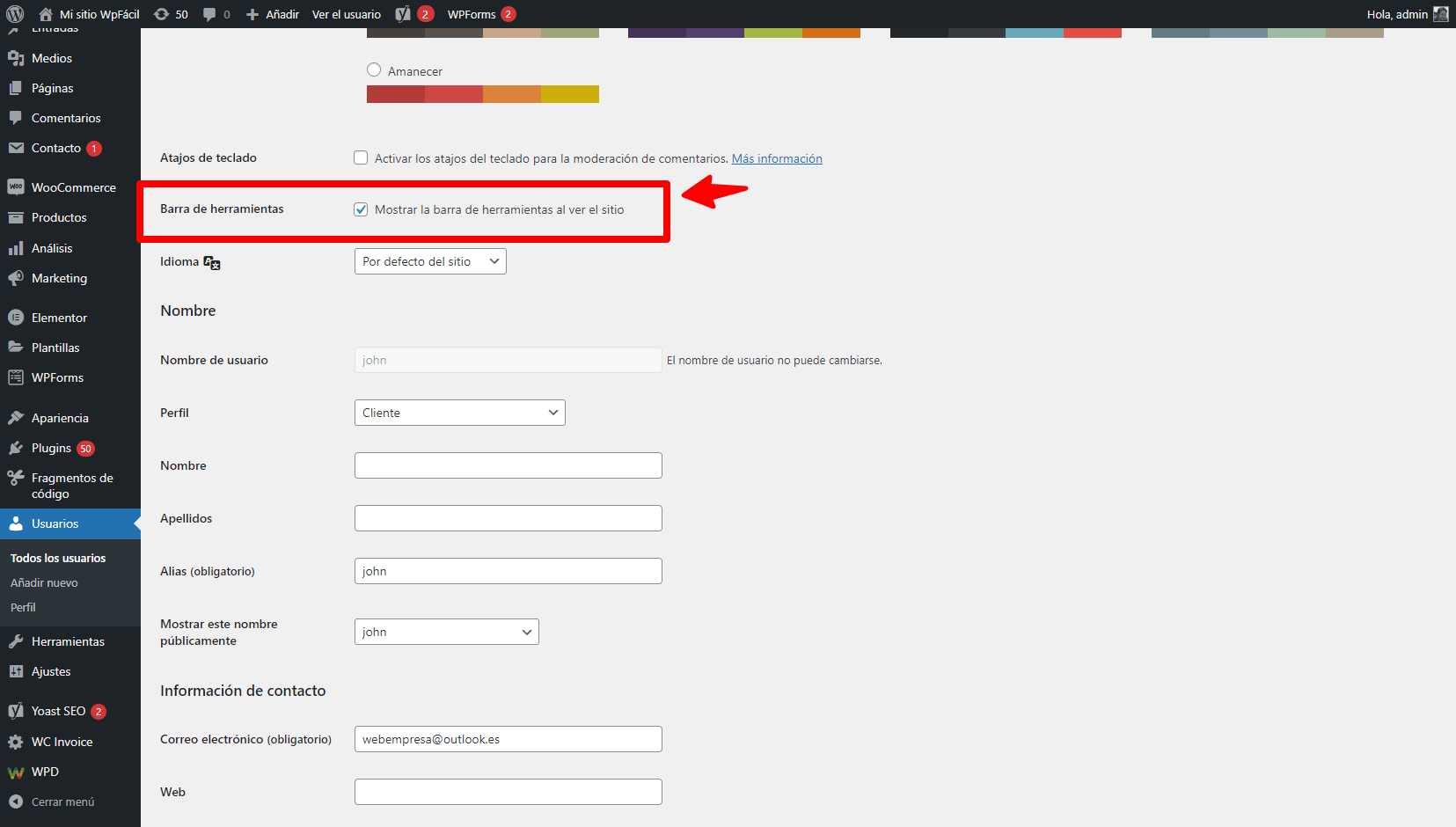 Desactivar barra de herramienta de WordPress a usuario en específico