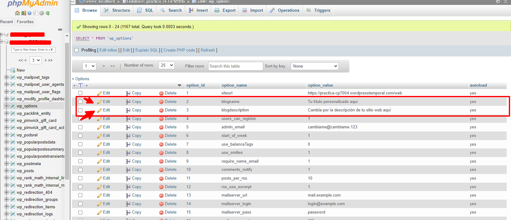 Modifica título de WordPress desde phpMyAdmin