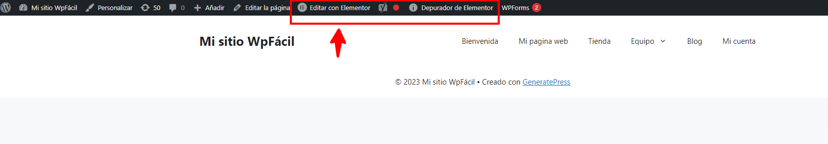 Opciones de Elementor en la barra de administración de WordPress