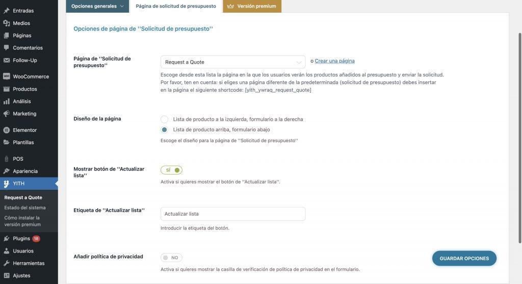 configuración botón presupuesto woocommerce