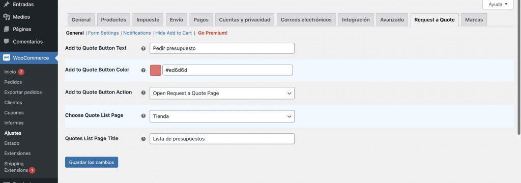 configurar diseño botón presupuesto woocommerce