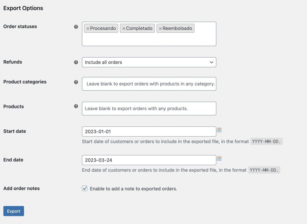 estado a exportar pedidos woocommerce