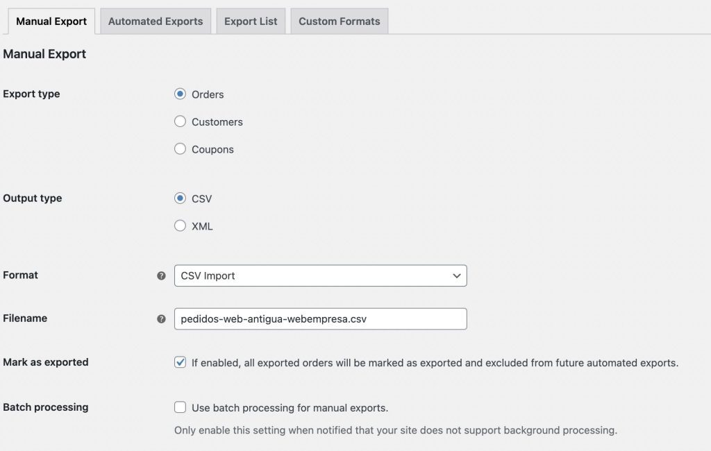 exportacion manual de pedidos en woocommerce