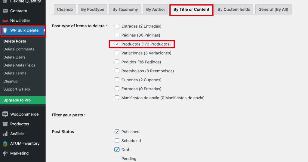 APlugin WP Bulk Delete filtrar por content - productos