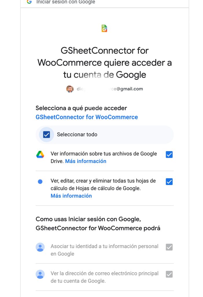 Acceso permisos Google Sheets Conector WooCommerce