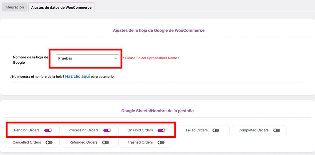 Ajustes Google Sheets Conector WooCommerce