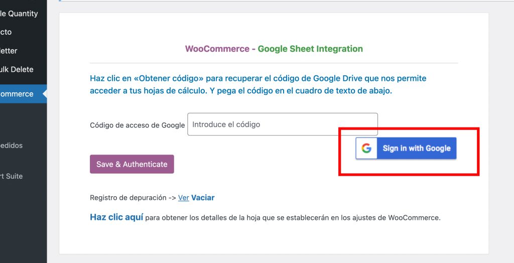Conectar con Google sincronizar Google Sheets WooCommerce Conector