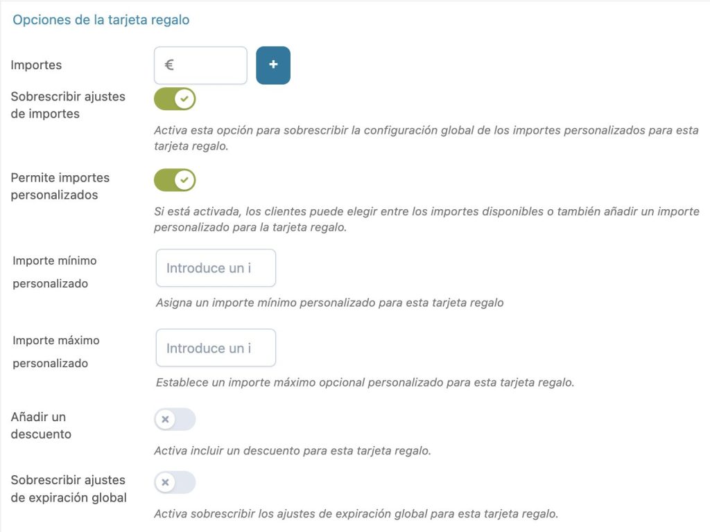 opciones tarjetas regalo premium - plugin yith