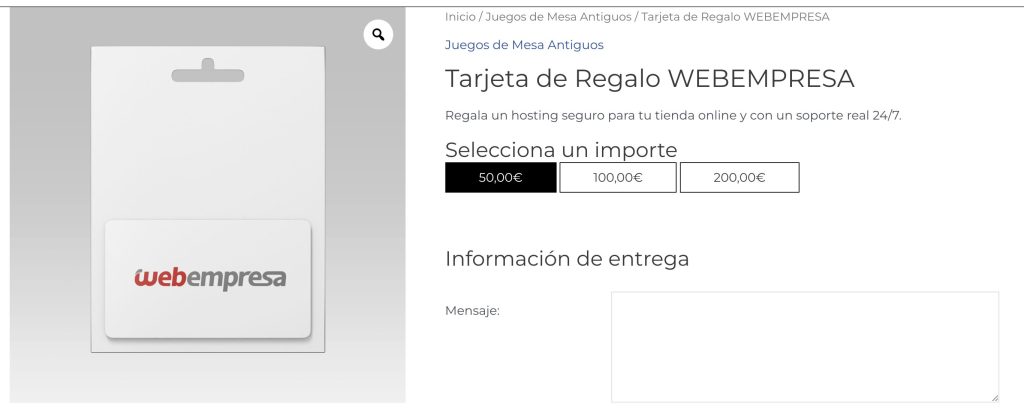 Tarjeta regalo ejemplo webempresa