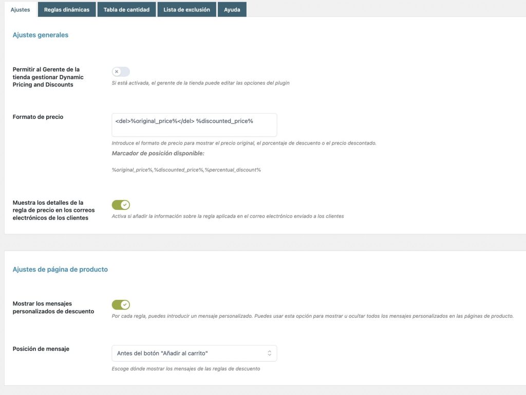 Ajustes generales - plugin YITH WooCommerce Dynamic Pricing and Discounts