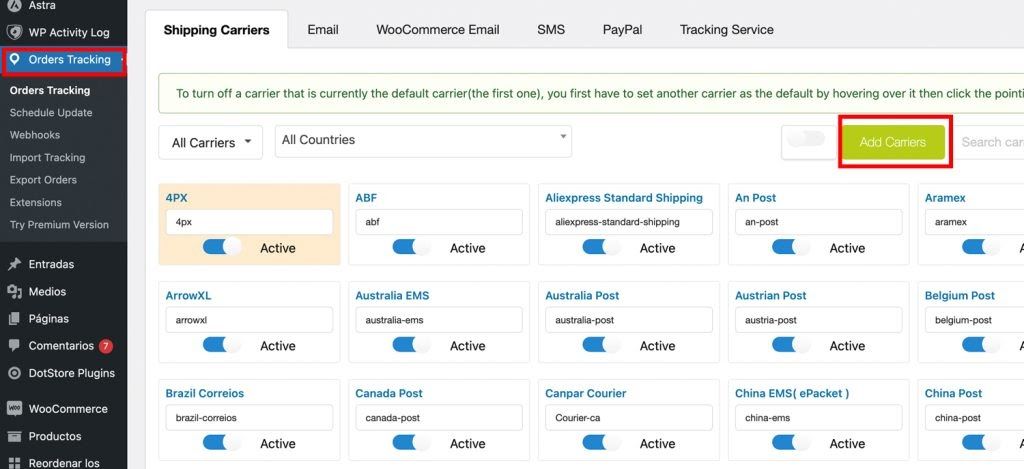 Plugin orders Tracking Ajustes