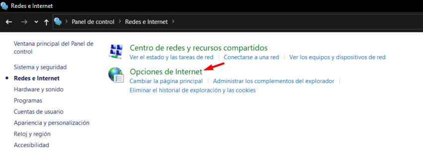 Opciones de internet desde el panel de control