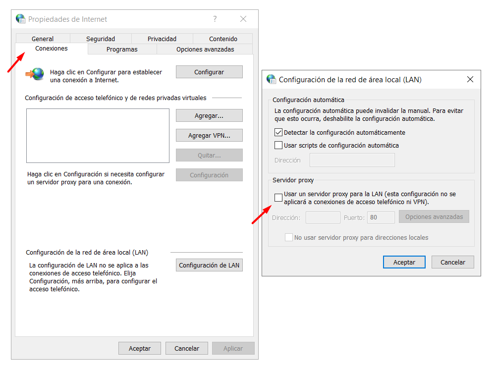 Desactivar configuración automática del proxy en Windows 10