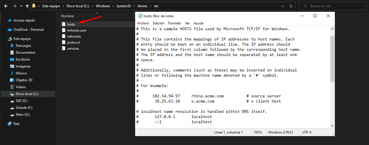 Archivo hosts en Windows 10