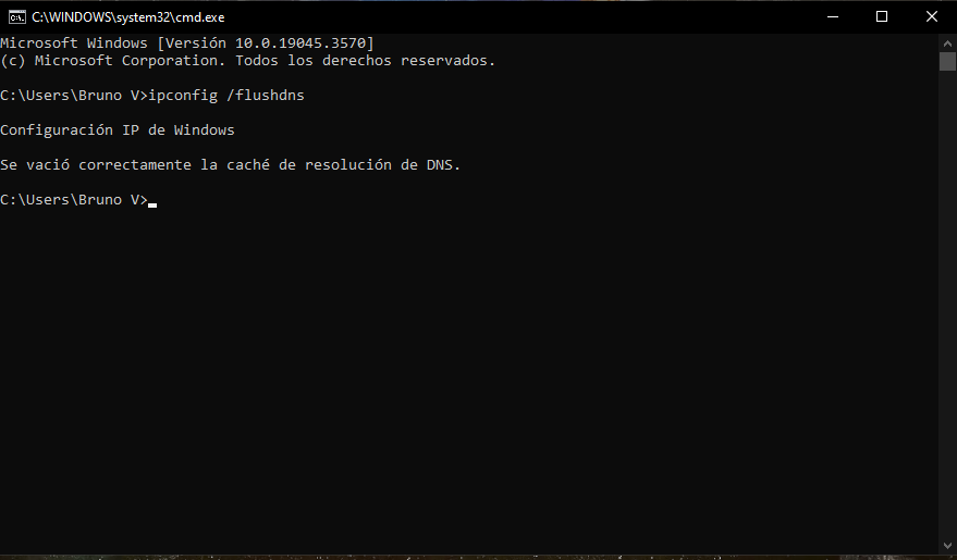ventana de comandos cache DNS vaciada