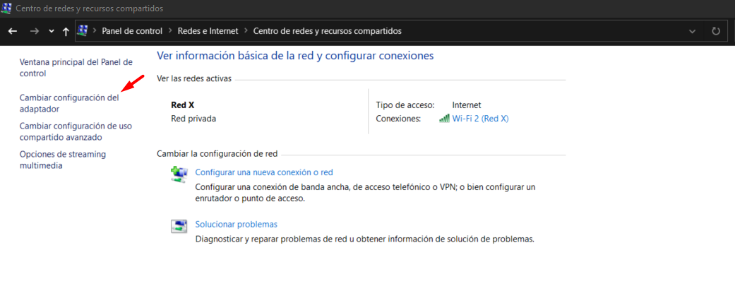 opción centro de redes panel de control