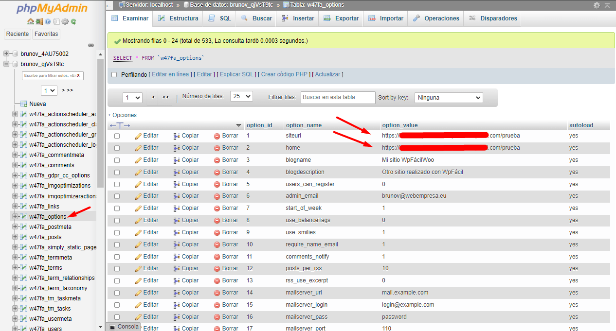 Vista tablas PhpMyAdmin 