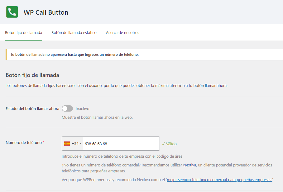 Vista ajustes WP Call Button