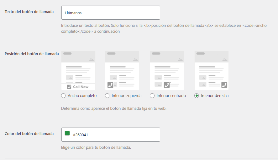 Configuraciones boton llamada