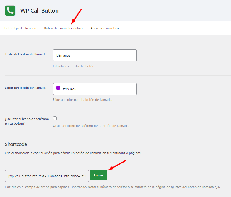 Shortcode boton llamada