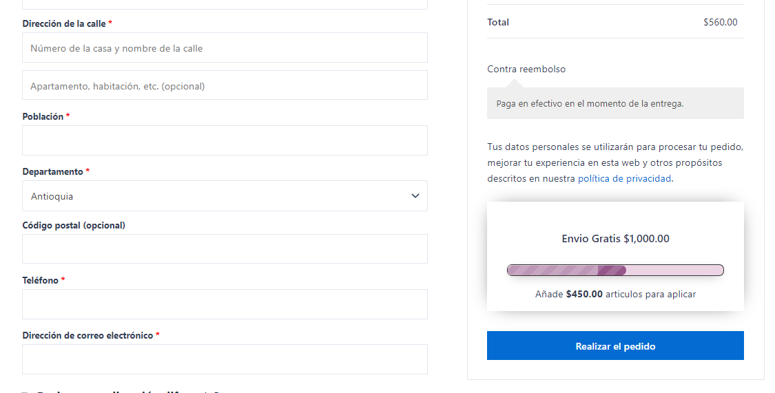 barra de progreso en finalizar compra