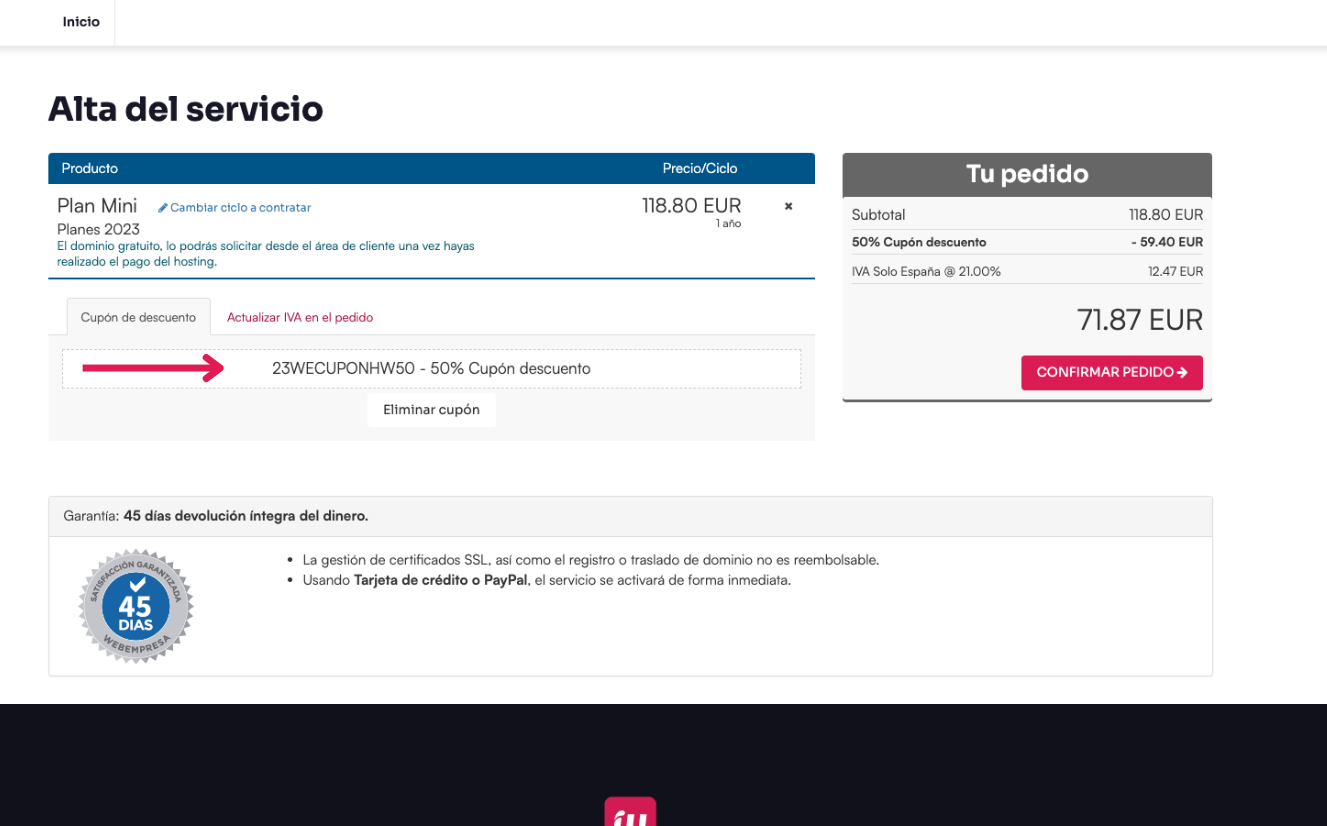 Cupón aplicado en carrito