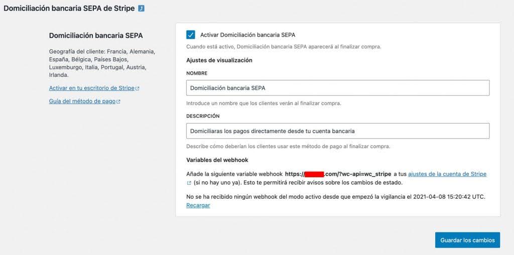 Finalizar configuración domiciliación Stripe