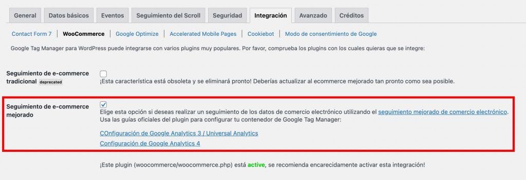 Ajustes integración plugin GTM4WP