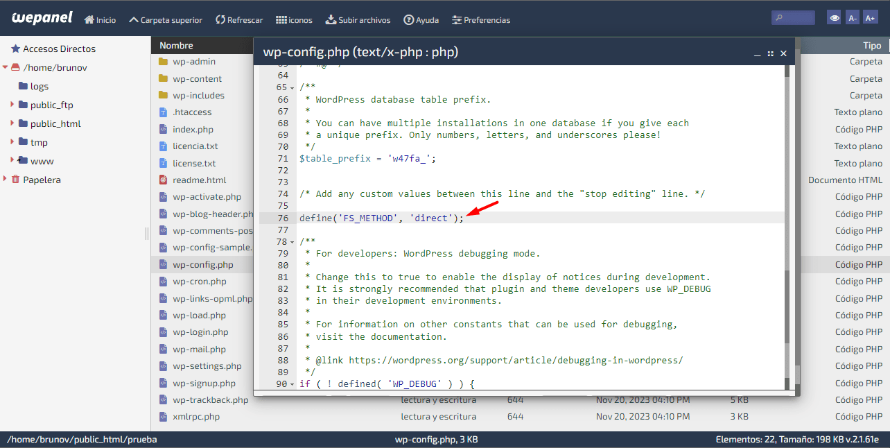 wp-config con linea direct