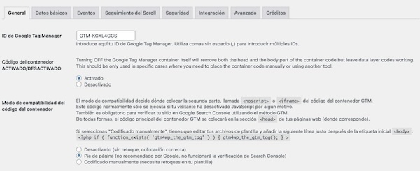 Ajustes generales - Plugin GTM4WP