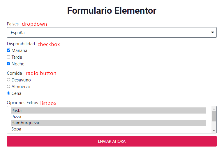 campos de selección formulario