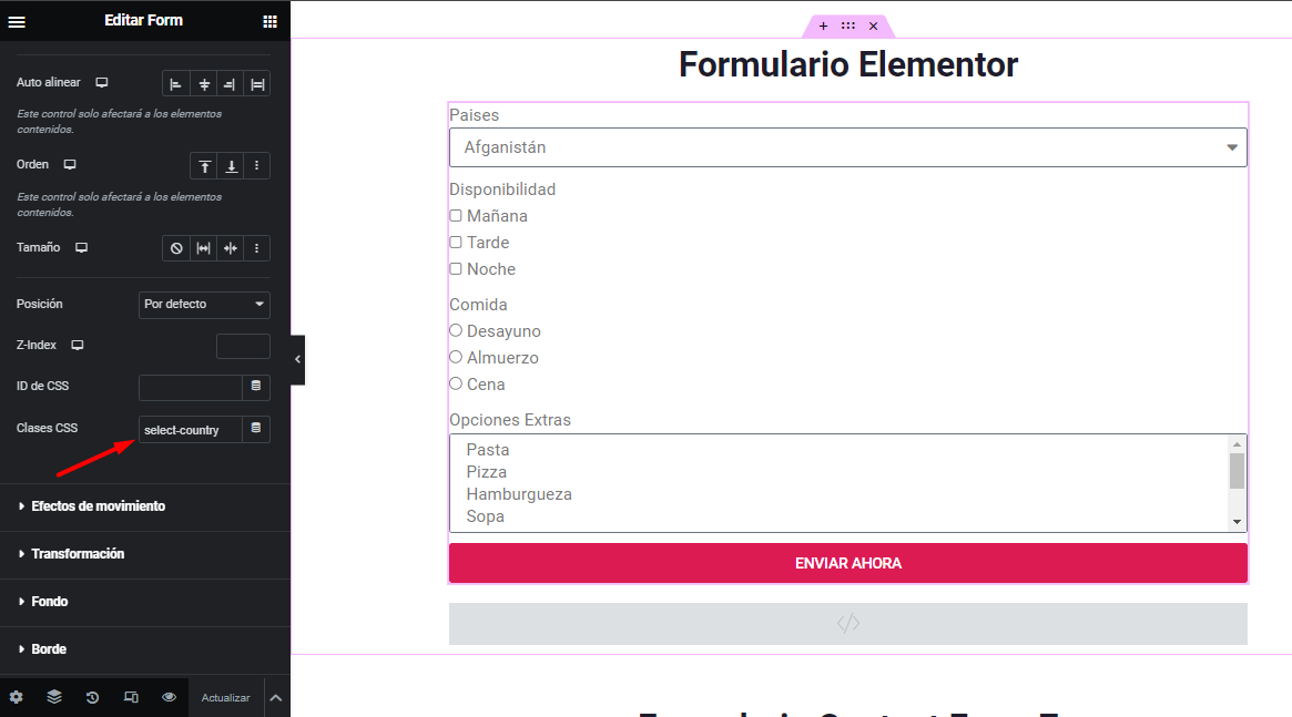 clase en formulario elementor