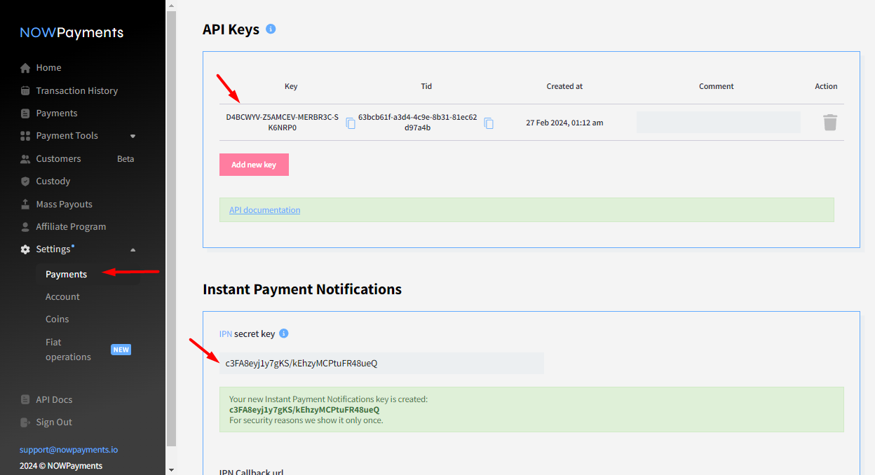 claves nowpayment 