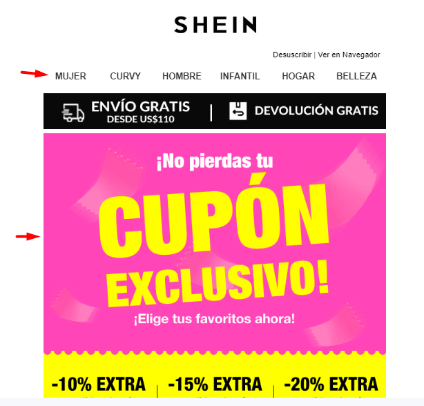 URLs en correo de shein