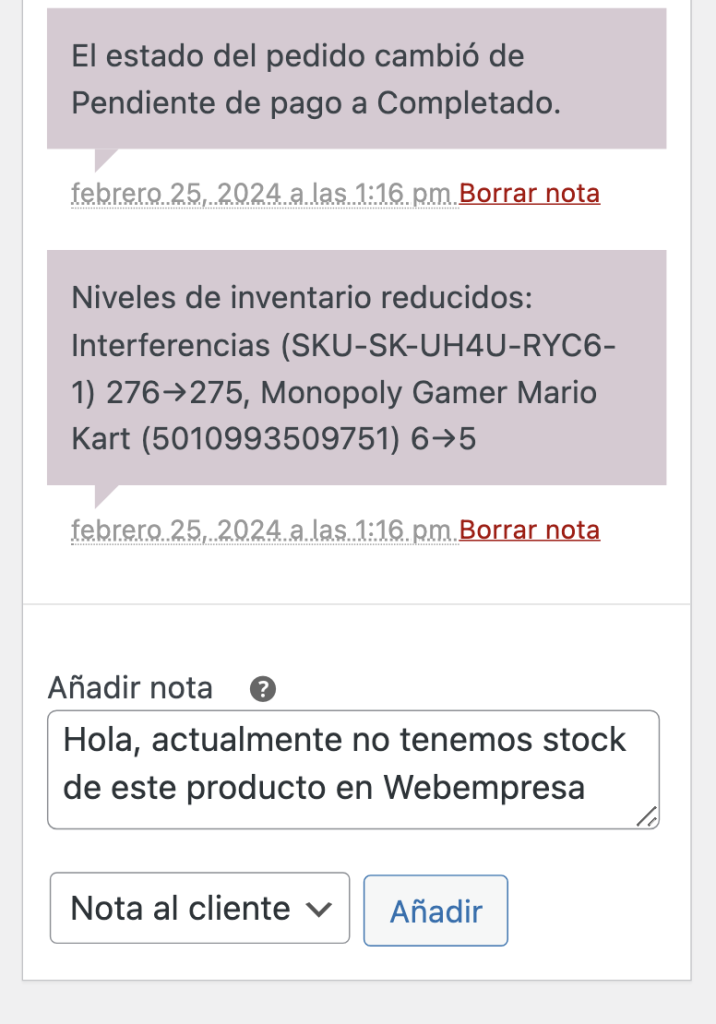 Añadir nota pedido WooCommerce