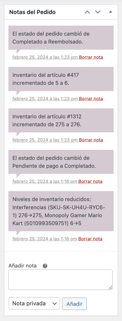 Notas pedido WooCommerce