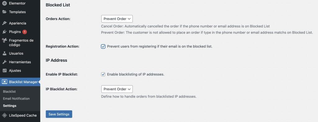 Ajustes plugin WooCommerce Blacklist Manager 