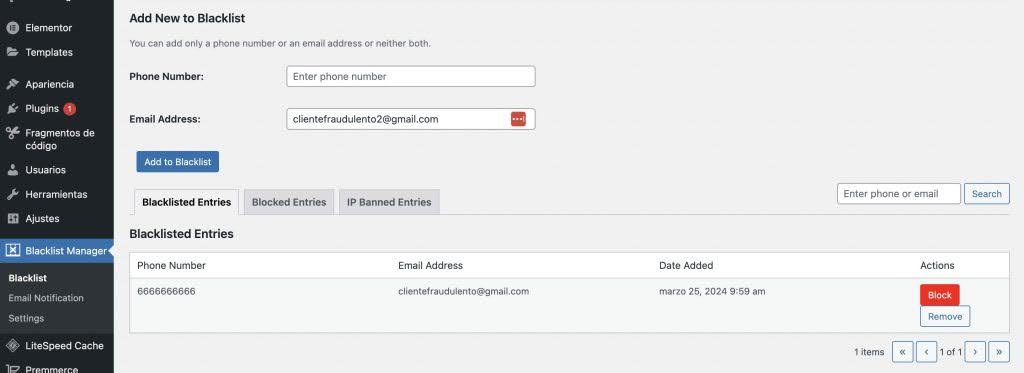 Añadir blacklist plugin WooCommerce Blacklist Manager