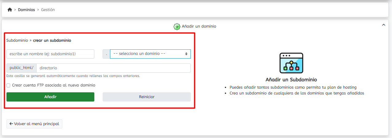 wepanel crear subdominio