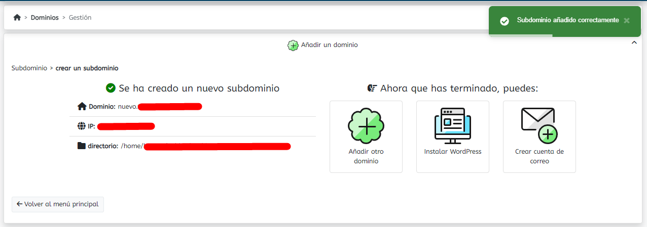 wepanel subdominio creado