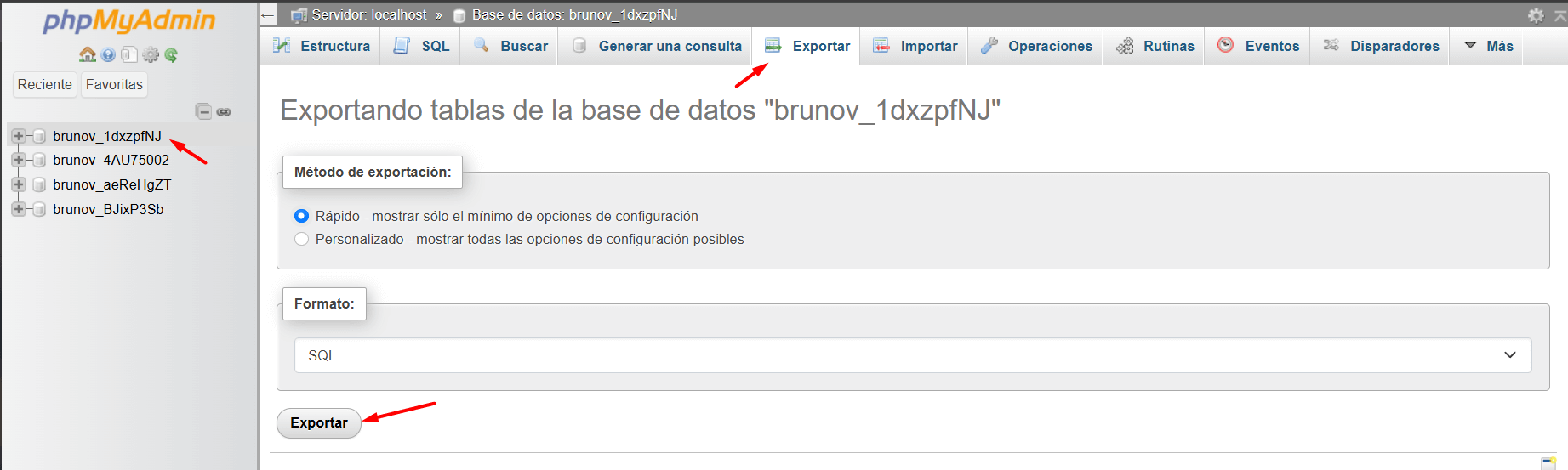 exportar base de datos phpmyadmin