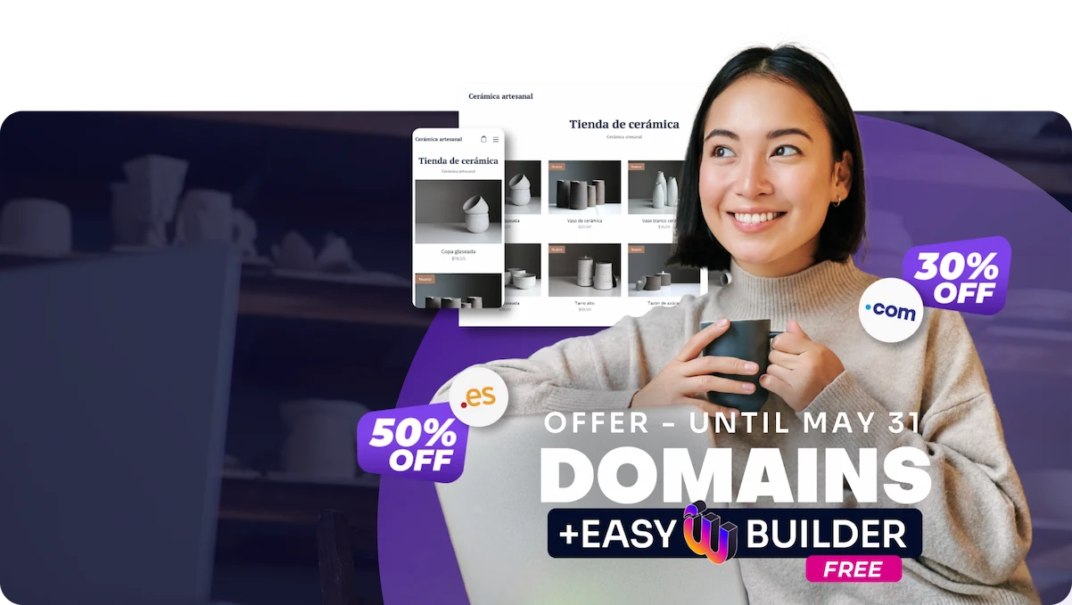 Promo Dominios .com and .es - Mujer con tienda online de cerámica