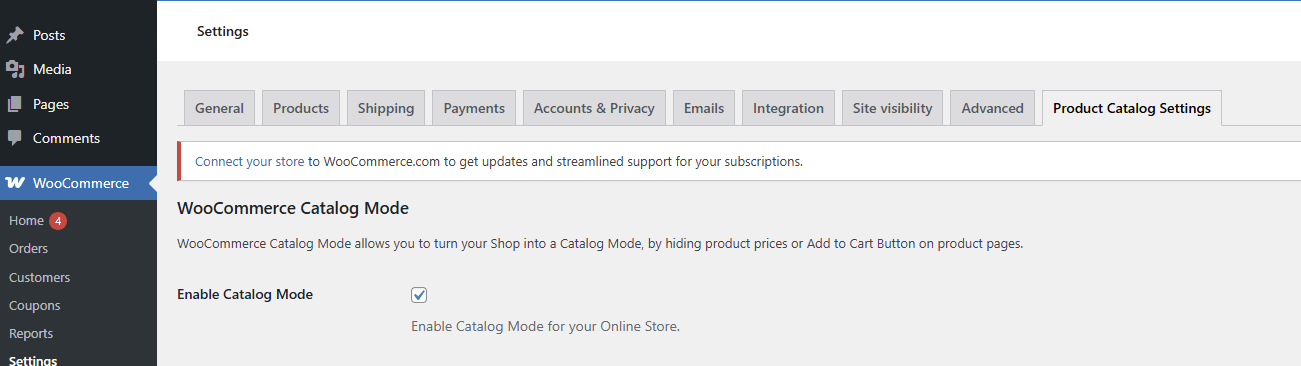 Activar opción Enable Catalogue Mode en el plugin
