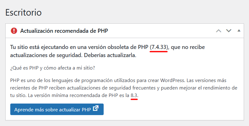 Versión de PHP en el dashboard de WordPress en el Escritorio