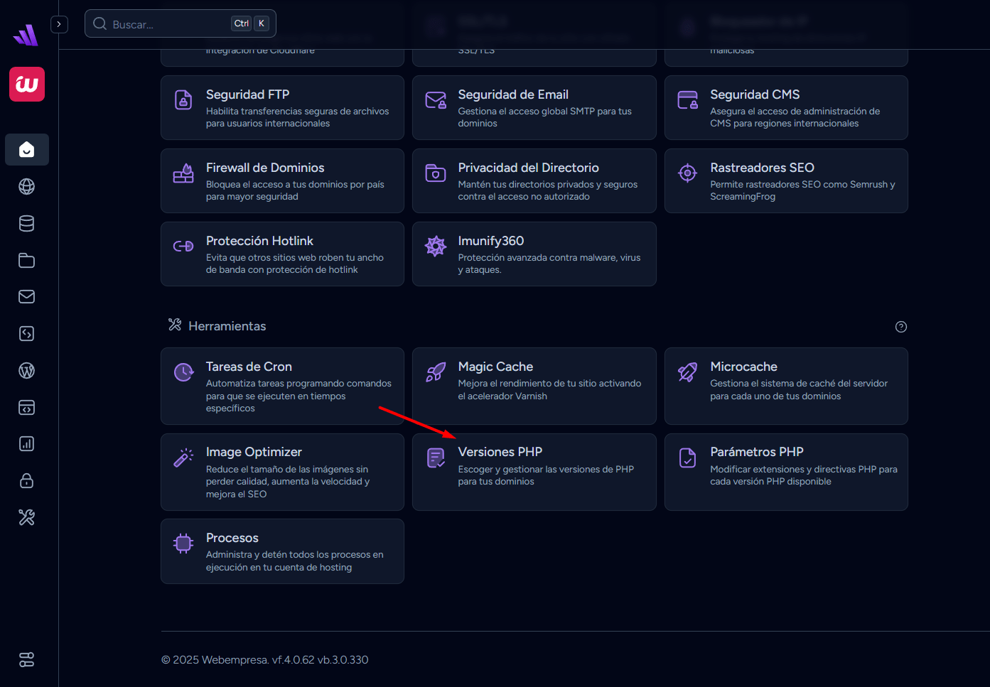 Versiones de PHP desde WePanel de Webempresa