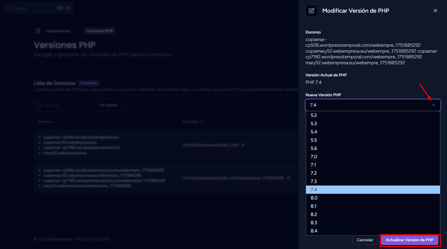 Cambiar la versión de PHP desde WePanel de Webempresa