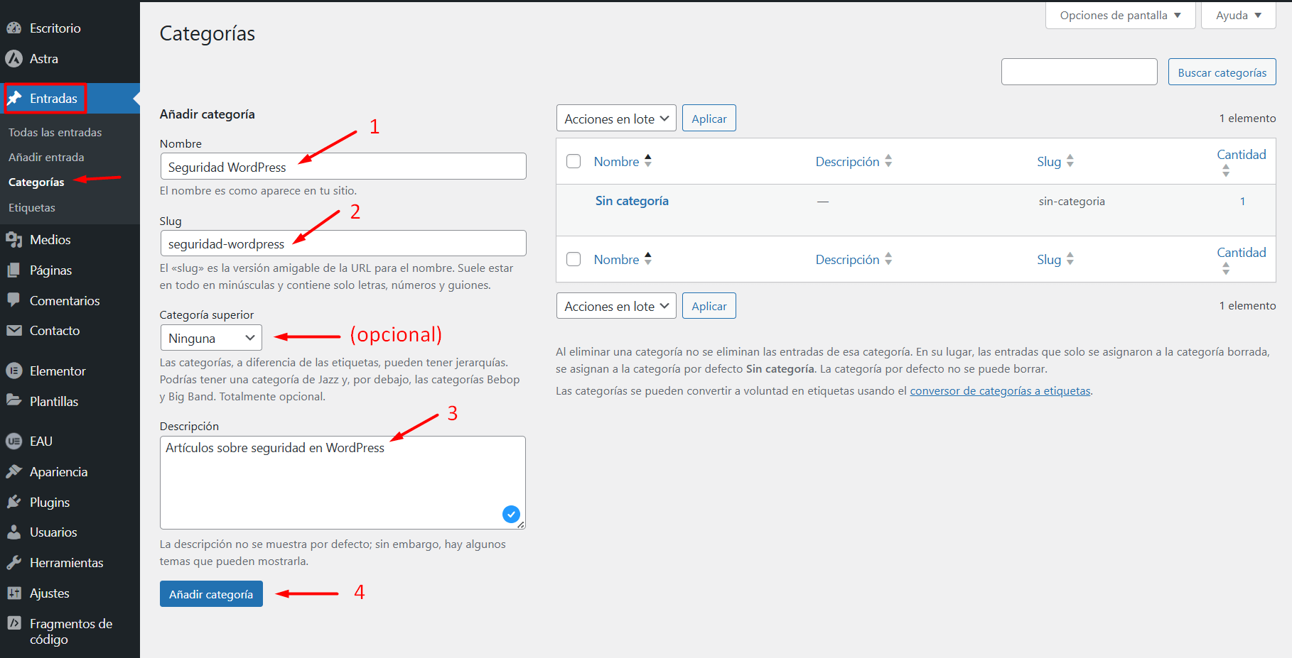 Creación de una Categoría en WordPress